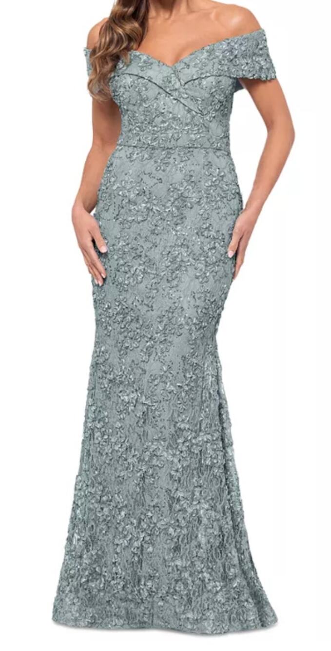 XSCAPE Petite Off-The-Shoulder Lace Gown in Sage, Size 16P